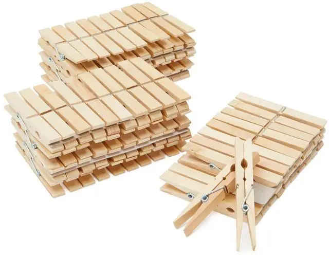 Main image of Wooden Clothespins & Hanging Clips - 100 Pack, 3.9x0.6x0.6in, Natural Wood, Modern - Heavy Duty Laundry Clips for Outdoor Clothesline - Clothespins for Crafts & Photo Displays