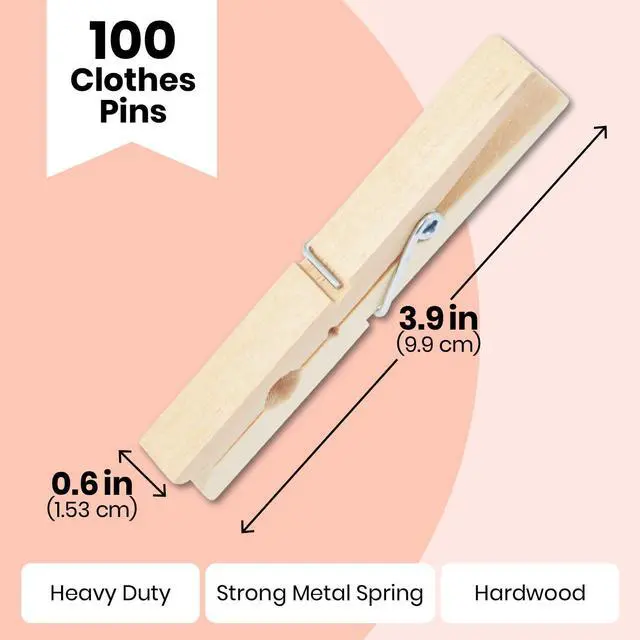 Alt view image 5 of 7 - Wooden Clothespins & Hanging Clips - 100 Pack, 3.9x0.6x0.6in, Natural Wood, Modern - Heavy Duty Laundry Clips for Outdoor Clothesline - Clothespins for Crafts & Photo Displays