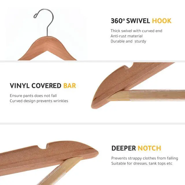 Alt view image 3 of 7 - Slightly Curved Hanger Set - Solid Wood Coat Hangers with Stylish Chrome Hooks - Heavy-Duty Clothes, Jacket, Shirt, Pants, Suit Hangers (Natural, 10)
