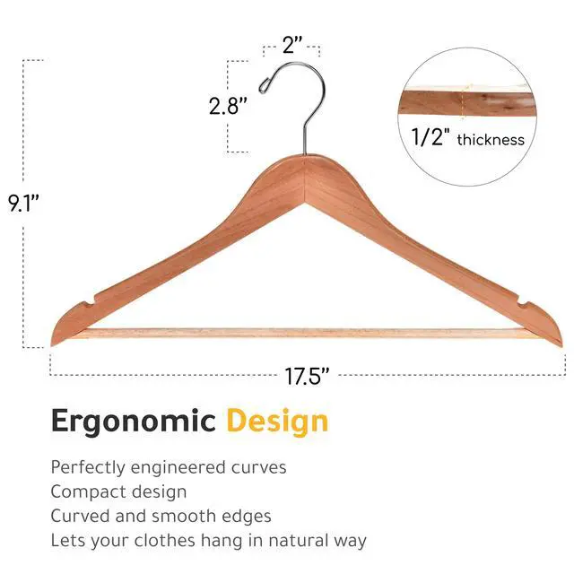 Alt view image 4 of 7 - Slightly Curved Hanger Set - Solid Wood Coat Hangers with Stylish Chrome Hooks - Heavy-Duty Clothes, Jacket, Shirt, Pants, Suit Hangers (Natural, 10)