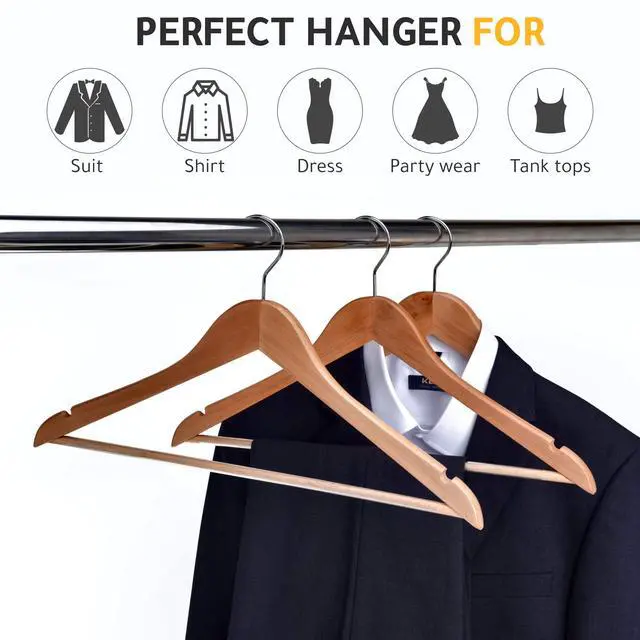 Alt view image 5 of 7 - Slightly Curved Hanger Set - Solid Wood Coat Hangers with Stylish Chrome Hooks - Heavy-Duty Clothes, Jacket, Shirt, Pants, Suit Hangers (Natural, 10)