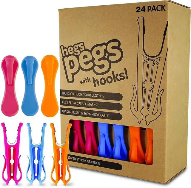 Main image of 24 Pack Multi-Color - The Smartest Heavy Duty Clothespins with Hooks - Hang 3 Garments at Once with Our Tough, Dual Hooks Clothes Pins with Anti-Rust Spring - Durable, Colorful Clothespins
