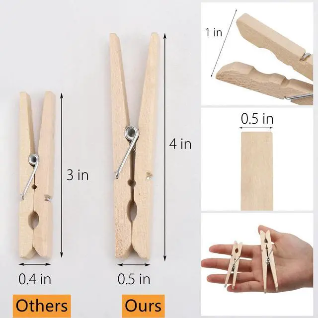 Alt view image 2 of 7 - 100pcs Clothes Pins Wood - 4 inch Heavy Duty Wooden Clothespins for Hanging Clothes Outdoor Clip,Crafts
