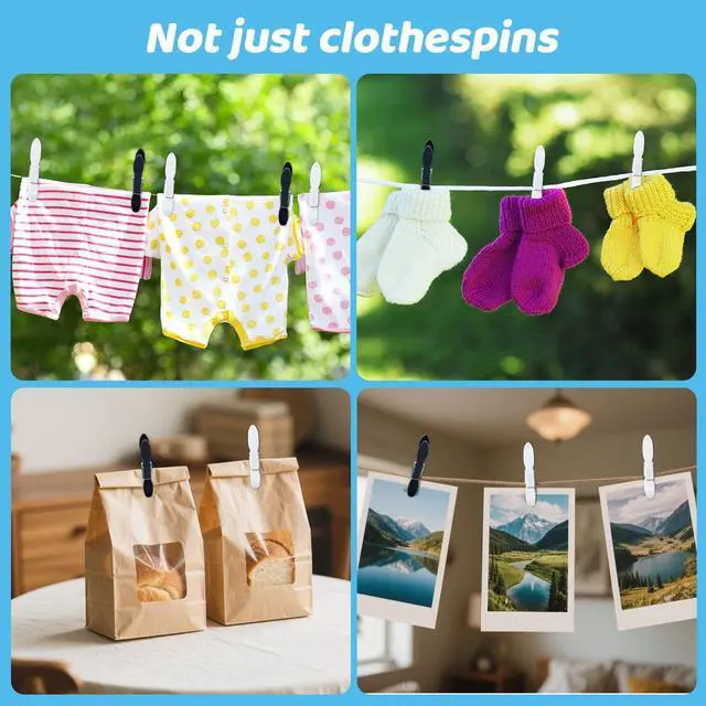 Alt view image 5 of 7 - 48 Pcs Plastic Clothes Pins Laundry Clips with Clothespin Bag, Black White Clothes Pins Heavy Duty Outdoor, Clothespins for Hanging Clothes Clothing Pin Set, Crafts Picture Clips Food Package Clips