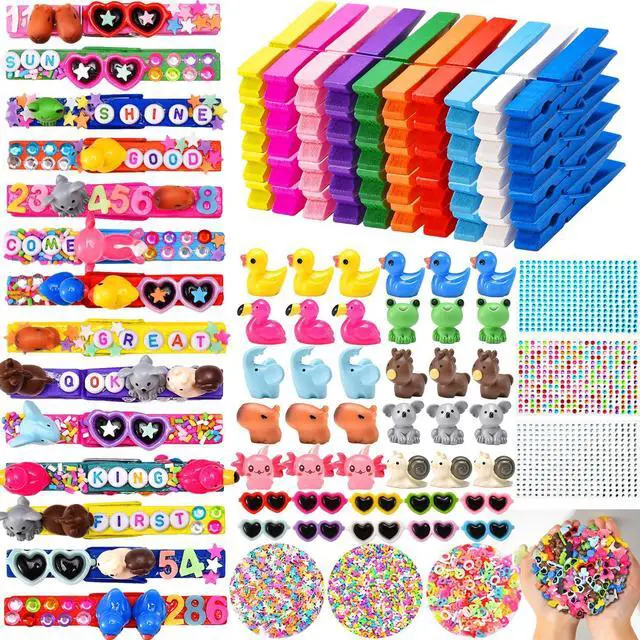 Main image of 80 Set Cheer Pins Spirit Clips Include 80 Wooden Cheer Colored Clothes Pins 80 Mini Resin Animals, 200 Letter Beads Number for Cheerleading Backpacks Cheer Gifts Bulk