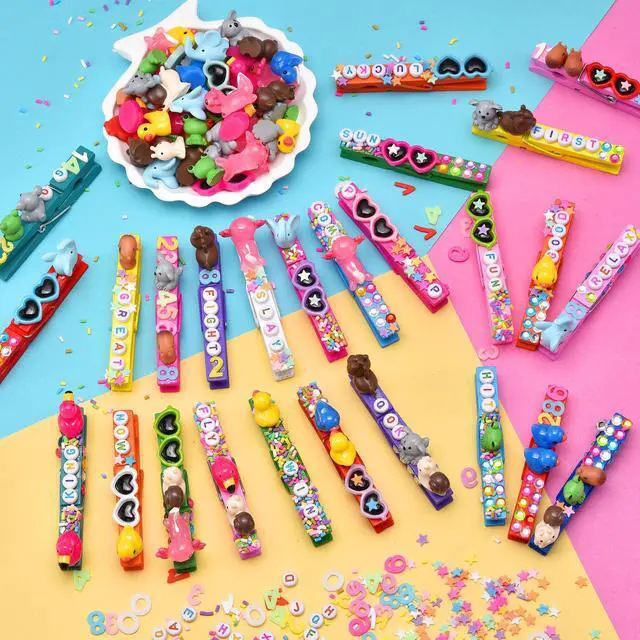 Alt view image 5 of 7 - 80 Set Cheer Pins Spirit Clips Include 80 Wooden Cheer Colored Clothes Pins 80 Mini Resin Animals, 200 Letter Beads Number for Cheerleading Backpacks Cheer Gifts Bulk