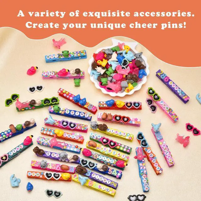 Alt view image 3 of 7 - 80 Set Cheer Pins Spirit Clips Include 80 Wooden Cheer Colored Clothes Pins 80 Mini Resin Animals, 200 Letter Beads Number for Cheerleading Backpacks Cheer Gifts Bulk