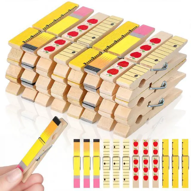 Main image of 60 Pcs Back to School Clothespins for Teacher Gift Classroom Teacher Appreciation Gifts 2.8 Inch 4 Styles Wooden Clips Apple Ruler Pencil Notebook Back to School Must Haves Photo Hanging