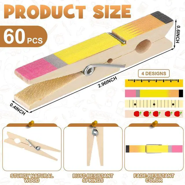Alt view image 2 of 6 - 60 Pcs Back to School Clothespins for Teacher Gift Classroom Teacher Appreciation Gifts 2.8 Inch 4 Styles Wooden Clips Apple Ruler Pencil Notebook Back to School Must Haves Photo Hanging