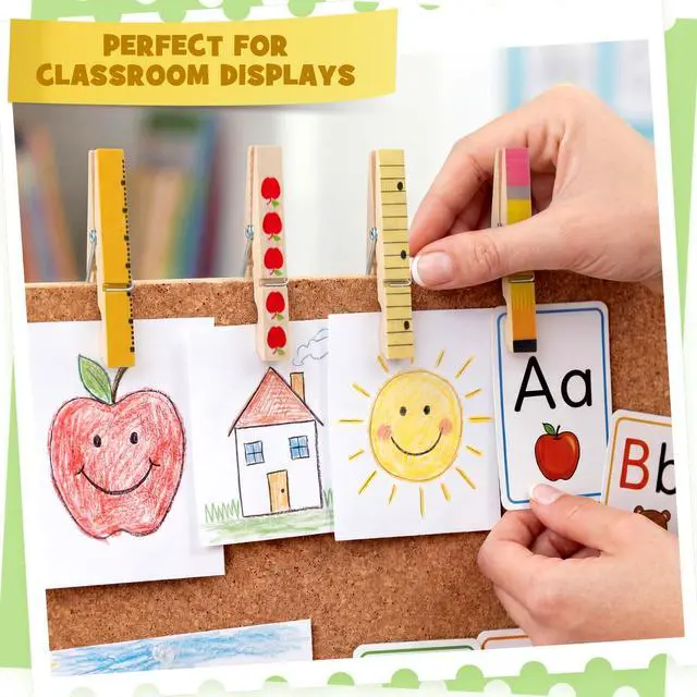Alt view image 3 of 6 - 60 Pcs Back to School Clothespins for Teacher Gift Classroom Teacher Appreciation Gifts 2.8 Inch 4 Styles Wooden Clips Apple Ruler Pencil Notebook Back to School Must Haves Photo Hanging