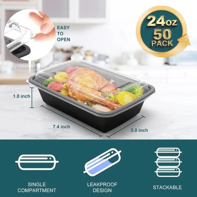 Alt view image 2 of 7 - Meal Prep Containers, 50 Pack Extra-thick Food Storage Containers with Lids, Disposable & Reusable Plastic Bento Lunch Box, BPA Free, Stackable, Microwave/Dishwasher/Freezer Safe (24 oz)