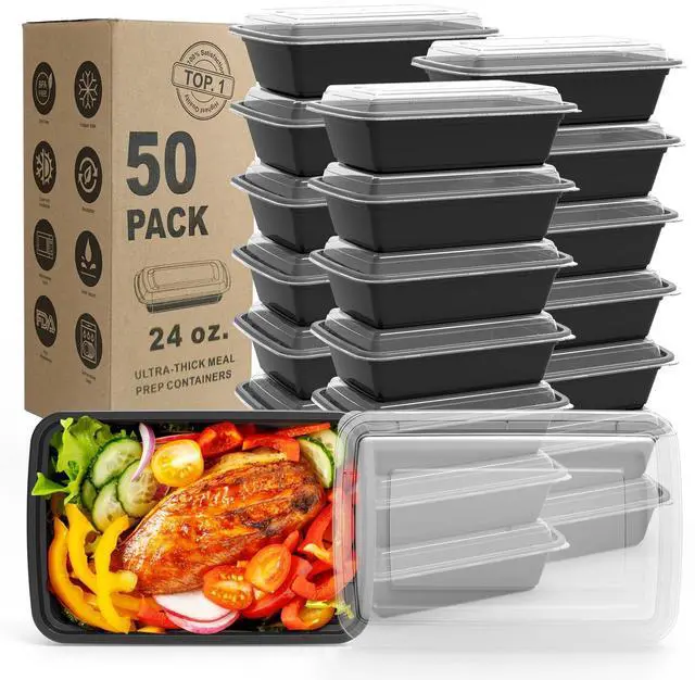 Main image of Meal Prep Containers, 50 Pack Extra-thick Food Storage Containers with Lids, Disposable & Reusable Plastic Bento Lunch Box, BPA Free, Stackable, Microwave/Dishwasher/Freezer Safe (24 oz)