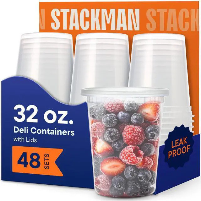 Main image of 32 oz Deli Containers with Lids (48 Sets) Quart Clear Plastic Food Storage Containers, Airtight Leak-Resistant Seal, BPA-Free, Microwave & Freezer Safe, Meal Prep Soup Takeout to-Go