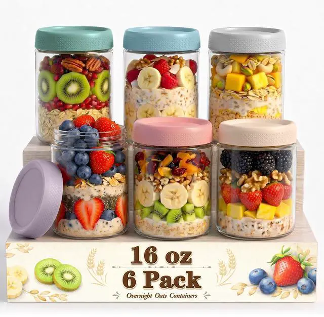 Main image of Mason Jars, 16 oz Overnight Oats Containers with Lids, Glass Jar with Lid