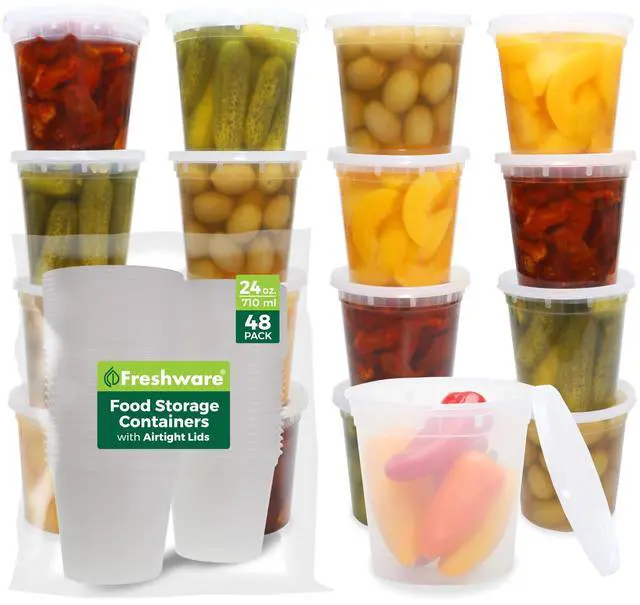 Main image of Food Storage Containers 24 oz Plastic Deli Containers with Lids, Slime, Soup, Meal Prep Containers, BPA Free, Stackable, Leakproof, Microwave/Dishwasher/Freezer Safe, 48 count (pack of 1)