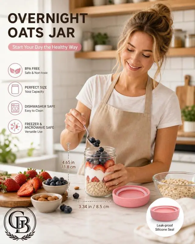 Alt view image 5 of 6 - 16 oz 4-Pack Overnight Oats Containers with Lids