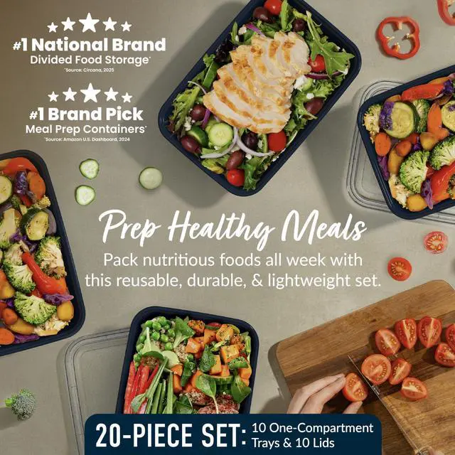 Alt view image 3 of 7 - Prep - 20-Piece 1-Compartment Reusable Meal Prep Containers with Lids, PFAS & BPA Free Materials, Durable, Microwave, Freezer, & Dishwasher Safe To Go Food Storage (Navy Blue)