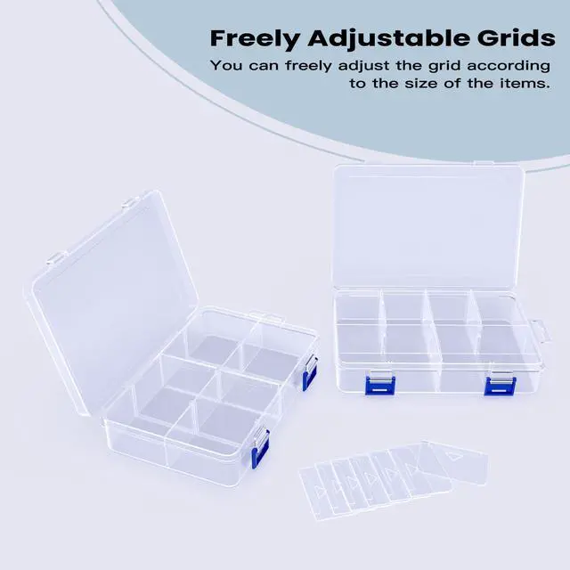 Alt view image 4 of 7 - 2 Pcs 8 Grids Clear Plastic Storage Box with Adjustable Dividers, Stackable 8 Compartments Small Organiser Box Container for Accessories Beads Jewelry Earring Tool, 7.48×5.23×1.8 Inches