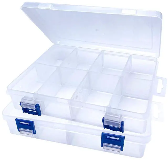 Main image of 2 Pcs 8 Grids Clear Plastic Storage Box with Adjustable Dividers, Stackable 8 Compartments Small Organiser Box Container for Accessories Beads Jewelry Earring Tool, 7.48×5.23×1.8 Inches