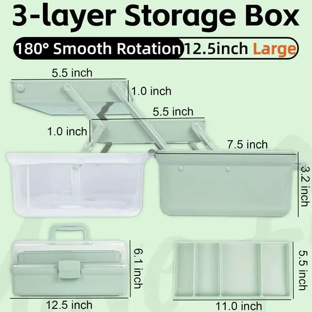 Alt view image 2 of 6 - 12.5in 3-Layer Multipurpose Craft Organizers and Storage with Adjustable Dividers, Portable Tackle Box, Folding Art & Craft Case for Medicine, Tool, Sewing Organizer (Haze Green)