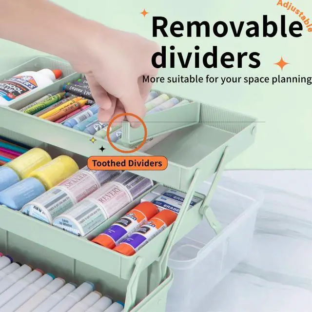 Alt view image 3 of 6 - 12.5in 3-Layer Multipurpose Craft Organizers and Storage with Adjustable Dividers, Portable Tackle Box, Folding Art & Craft Case for Medicine, Tool, Sewing Organizer (Haze Green)