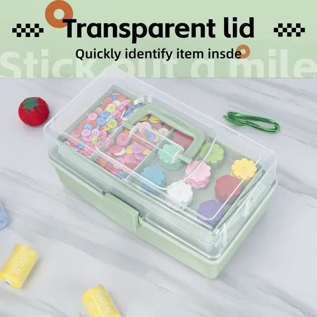 Alt view image 5 of 6 - 12.5in 3-Layer Multipurpose Craft Organizers and Storage with Adjustable Dividers, Portable Tackle Box, Folding Art & Craft Case for Medicine, Tool, Sewing Organizer (Haze Green)