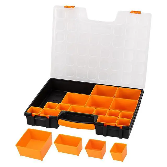 Alt view image 3 of 6 - 19-Removable Compartment Small Parts Organizer, Portable Hardware Storage Box with Customizable Compartments, Black, Orange, 16.5 x 13.2 x 2.4 inches