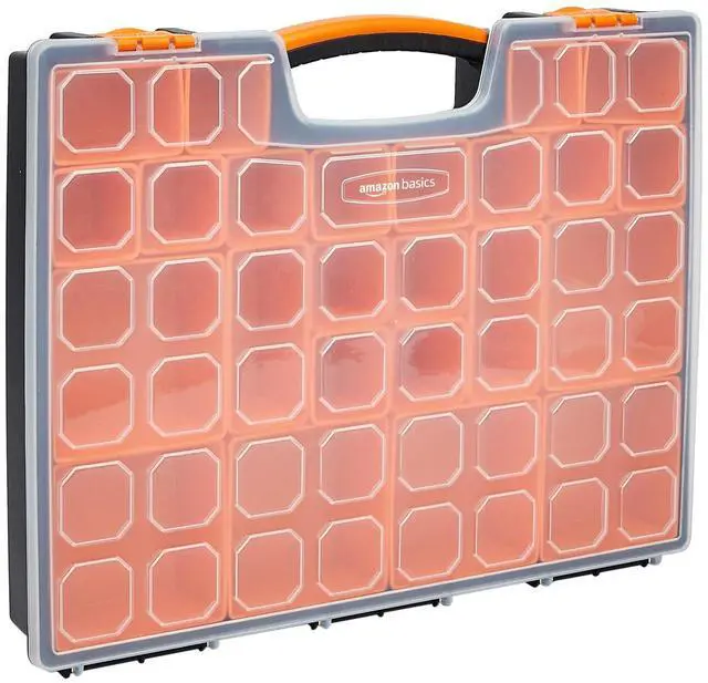 Main image of 19-Removable Compartment Small Parts Organizer, Portable Hardware Storage Box with Customizable Compartments, Black, Orange, 16.5 x 13.2 x 2.4 inches