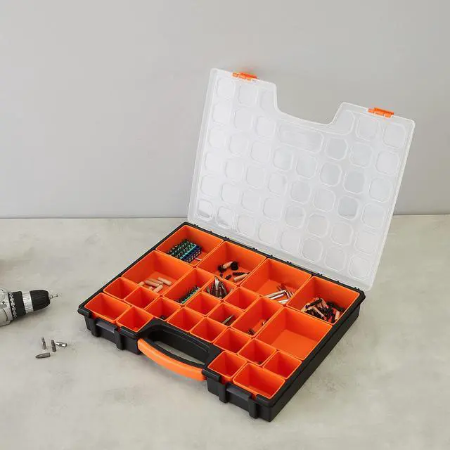 Alt view image 2 of 6 - 19-Removable Compartment Small Parts Organizer, Portable Hardware Storage Box with Customizable Compartments, Black, Orange, 16.5 x 13.2 x 2.4 inches