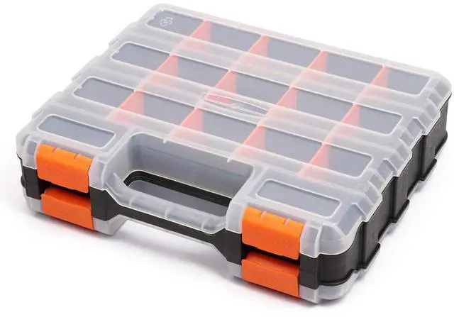 Main image of Double Side Tools Organizer, Customizable Removable Plastic Dividers, Hardware Box Storage, Excellent for Screws,Nuts,Small Parts, 34-Compartment, Black/Orange,12.6"L x 10.6"W x 3.2"H