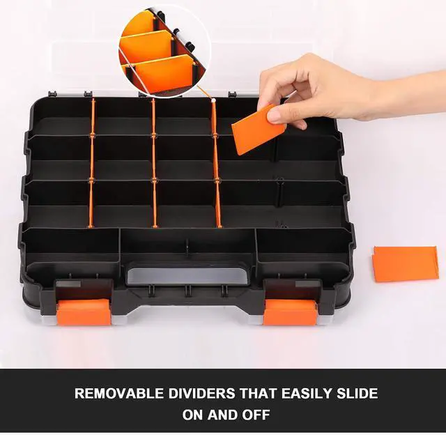 Alt view image 6 of 7 - Double Side Tools Organizer, Customizable Removable Plastic Dividers, Hardware Box Storage, Excellent for Screws,Nuts,Small Parts, 34-Compartment, Black/Orange,12.6"L x 10.6"W x 3.2"H