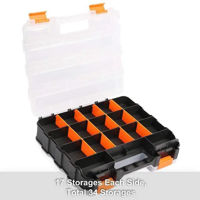 Alt view image 4 of 7 - Double Side Tools Organizer, Customizable Removable Plastic Dividers, Hardware Box Storage, Excellent for Screws,Nuts,Small Parts, 34-Compartment, Black/Orange,12.6"L x 10.6"W x 3.2"H