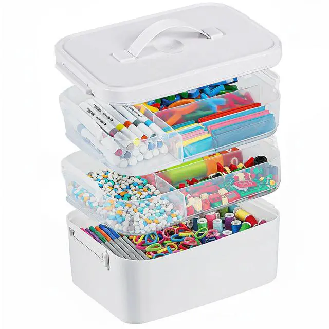 Main image of 3-Layer Plastic Craft Organizers and Storage Box with Removable Trays, Storage Containers with lids and Handle, Art Supply Storage Organizer for Bead, Ornament, Nail Polish, Tape10.62"x9"x7.67"