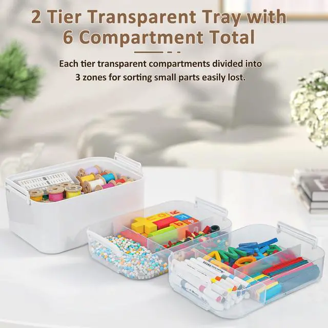Alt view image 3 of 7 - 3-Layer Plastic Craft Organizers and Storage Box with Removable Trays, Storage Containers with lids and Handle, Art Supply Storage Organizer for Bead, Ornament, Nail Polish, Tape10.62"x9"x7.67"