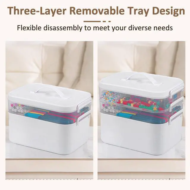 Alt view image 4 of 7 - 3-Layer Plastic Craft Organizers and Storage Box with Removable Trays, Storage Containers with lids and Handle, Art Supply Storage Organizer for Bead, Ornament, Nail Polish, Tape10.62"x9"x7.67"