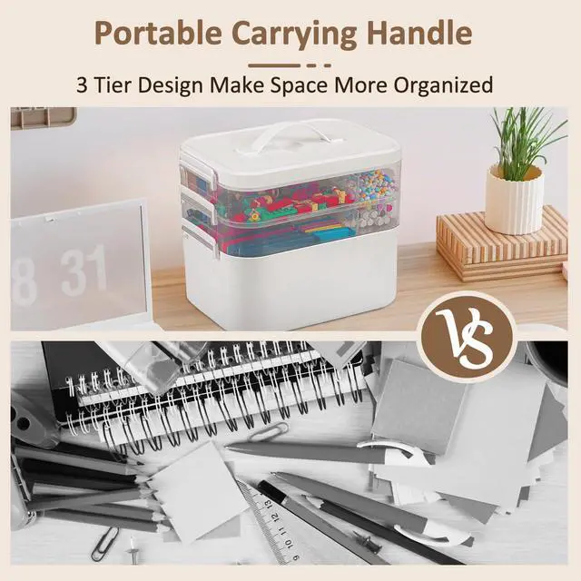 Alt view image 6 of 7 - 3-Layer Plastic Craft Organizers and Storage Box with Removable Trays, Storage Containers with lids and Handle, Art Supply Storage Organizer for Bead, Ornament, Nail Polish, Tape10.62"x9"x7.67"