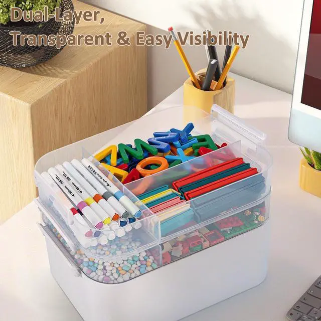 Alt view image 5 of 7 - 3-Layer Plastic Craft Organizers and Storage Box with Removable Trays, Storage Containers with lids and Handle, Art Supply Storage Organizer for Bead, Ornament, Nail Polish, Tape10.62"x9"x7.67"