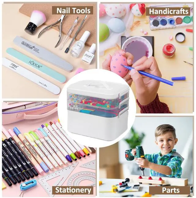 Alt view image 7 of 7 - 3-Layer Plastic Craft Organizers and Storage Box with Removable Trays, Storage Containers with lids and Handle, Art Supply Storage Organizer for Bead, Ornament, Nail Polish, Tape10.62"x9"x7.67"