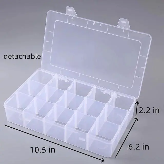 Alt view image 2 of 5 - 2 Pack Plastic Organizer Box with 14 Removable Dividers,15-Compartment Clear Storage Box for Crafts, Beads, Jewelry & Small Parts (10.5x6.5x2.2 Inches)