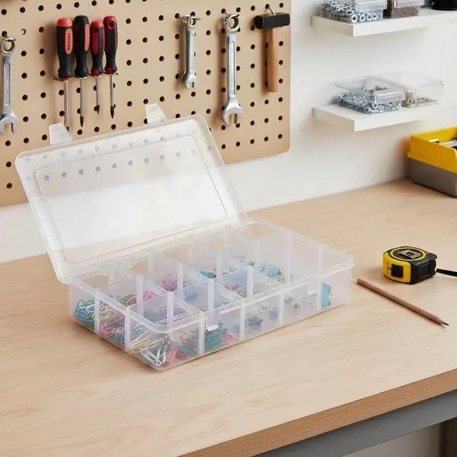 Alt view image 3 of 5 - 2 Pack Plastic Organizer Box with 14 Removable Dividers,15-Compartment Clear Storage Box for Crafts, Beads, Jewelry & Small Parts (10.5x6.5x2.2 Inches)
