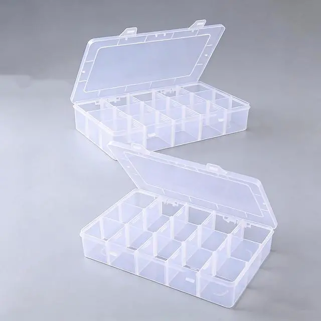 Main image of 2 Pack Plastic Organizer Box with 14 Removable Dividers,15-Compartment Clear Storage Box for Crafts, Beads, Jewelry & Small Parts (10.5x6.5x2.2 Inches)
