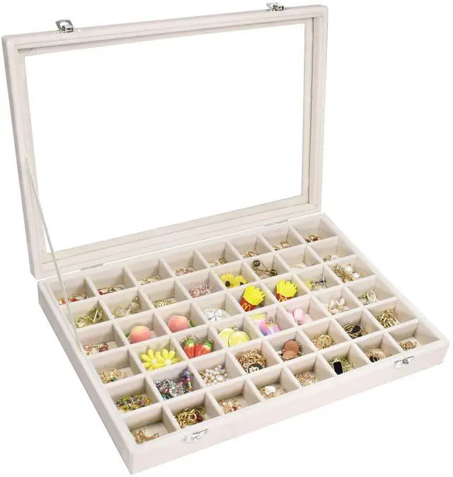 Main image of Velvet Jewelry Tray 48 Compartments Jewelry Display Organizer with Transparent Cover Rings, Earrings, Necklaces, Pendants Storage Box for Girls, Wives, Mothers, Women