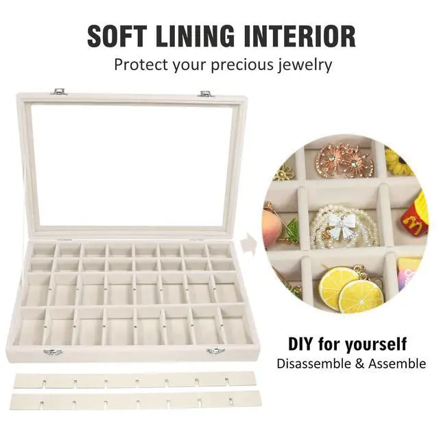 Alt view image 3 of 6 - Velvet Jewelry Tray 48 Compartments Jewelry Display Organizer with Transparent Cover Rings, Earrings, Necklaces, Pendants Storage Box for Girls, Wives, Mothers, Women