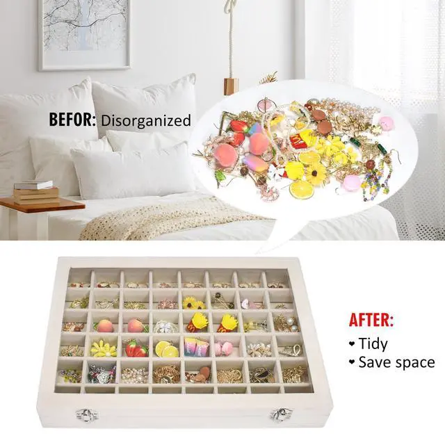 Alt view image 5 of 6 - Velvet Jewelry Tray 48 Compartments Jewelry Display Organizer with Transparent Cover Rings, Earrings, Necklaces, Pendants Storage Box for Girls, Wives, Mothers, Women