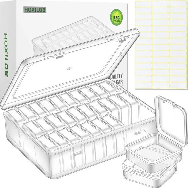 Main image of Bead Organizer Box, 30pcs Small Clear Plastic Storage Containers, Craft Storage Box Features Hinged Lid and Labels, Mini Boxes for Bracelets, Jewelry, Diamonds, Clay Beads, Screws, Seeds, Small Parts