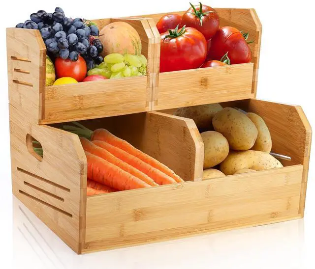 Main image of 2 Tier Bamboo Stackable Storage Bins, 4 Compartment Potato and Onion Storage Baskets, Pantry Organizer Holder with Handle, Open Front Kitchen Fruit Containers for Fruit Bread Vegetable Garlic