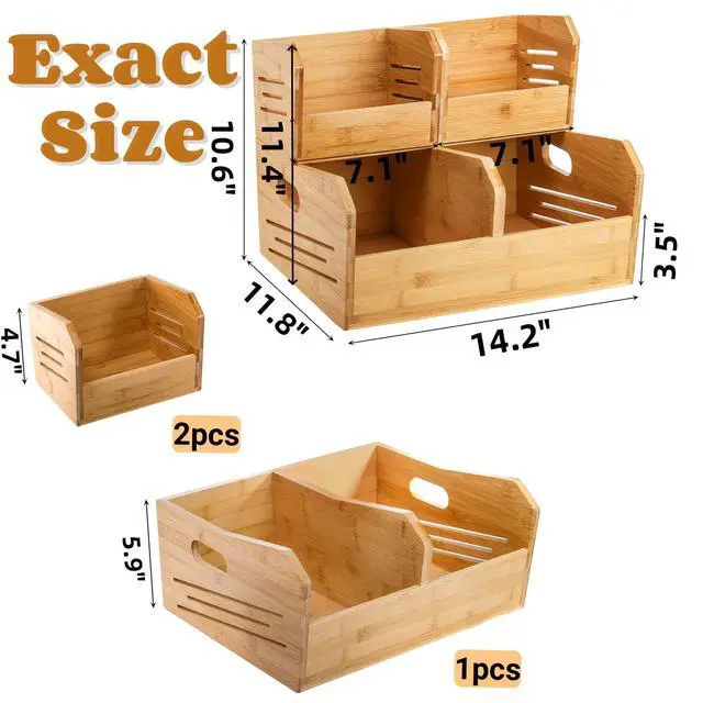 Alt view image 2 of 7 - 2 Tier Bamboo Stackable Storage Bins, 4 Compartment Potato and Onion Storage Baskets, Pantry Organizer Holder with Handle, Open Front Kitchen Fruit Containers for Fruit Bread Vegetable Garlic