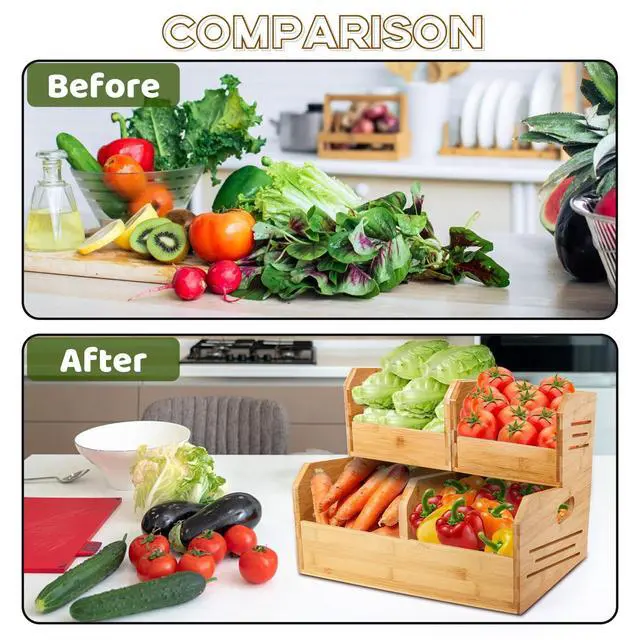 Alt view image 5 of 7 - 2 Tier Bamboo Stackable Storage Bins, 4 Compartment Potato and Onion Storage Baskets, Pantry Organizer Holder with Handle, Open Front Kitchen Fruit Containers for Fruit Bread Vegetable Garlic
