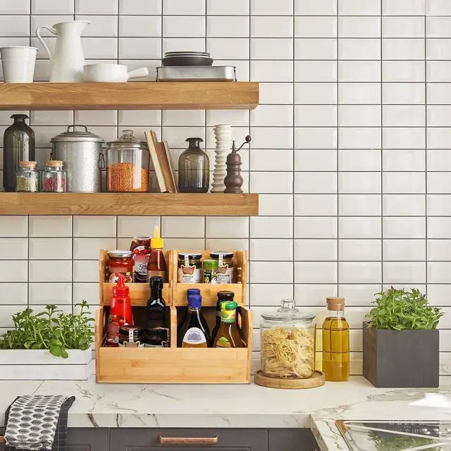 Alt view image 6 of 7 - 2 Tier Bamboo Stackable Storage Bins, 4 Compartment Potato and Onion Storage Baskets, Pantry Organizer Holder with Handle, Open Front Kitchen Fruit Containers for Fruit Bread Vegetable Garlic