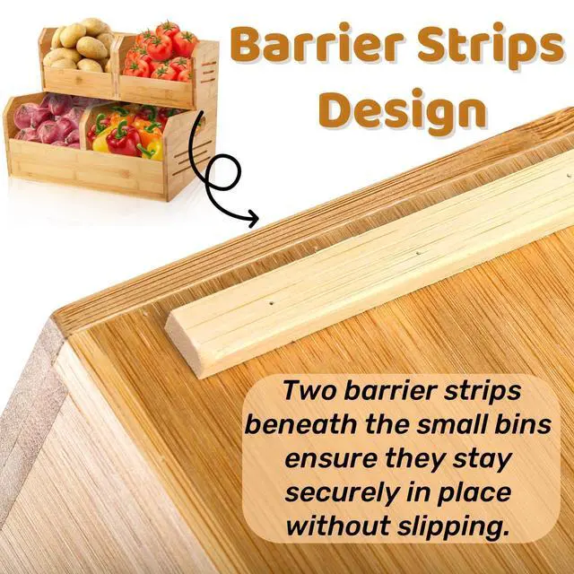 Alt view image 3 of 7 - 2 Tier Bamboo Stackable Storage Bins, 4 Compartment Potato and Onion Storage Baskets, Pantry Organizer Holder with Handle, Open Front Kitchen Fruit Containers for Fruit Bread Vegetable Garlic